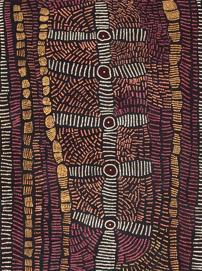 Australian Indigenous (Aboriginal and Torres Strait Islander) artwork by DORIS BUSH NUNGARRAYI of Papunya Tjupi Artists. The title is Papa Tjukurrpa (Dog Dreaming) - Nyumannu. [021-10] (Acrylic on Linen)