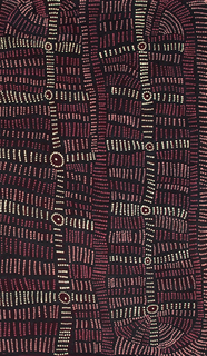Australian Indigenous (Aboriginal and Torres Strait Islander) artwork by DORIS BUSH NUNGARRAYI of Papunya Tjupi Artists. The title is Papa Tjukurrpa (Dog Dreaming) - Nyumannu. [1119-10] (Acrylic on Linen)