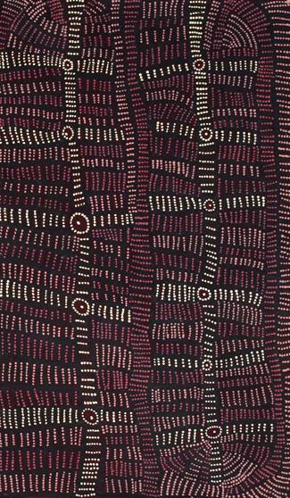 Australian Indigenous (Aboriginal and Torres Strait Islander) artwork by DORIS BUSH NUNGARRAYI of Papunya Tjupi Artists. The title is Papa Tjukurrpa (Dog Dreaming) - Nyumannu. [1119-10] (Acrylic on Linen)