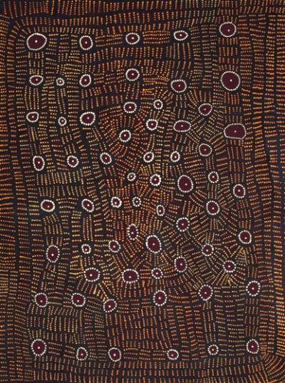 Australian Indigenous (Aboriginal and Torres Strait Islander) artwork by DORIS BUSH NUNGARRAYI of Papunya Tjupi Artists. The title is Papa Tjukurrpa (Dog Dreaming) - Nyumannu. [1243-10] (Acrylic on Linen)