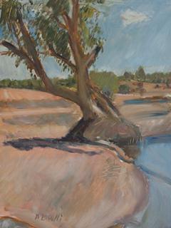 Australian Indigenous (Aboriginal and Torres Strait Islander) artwork by WESLEY MASELLI of Miscellaneous Artists. The title is Paperbark on Margaret River. [WM201602003] (Oil on Board)