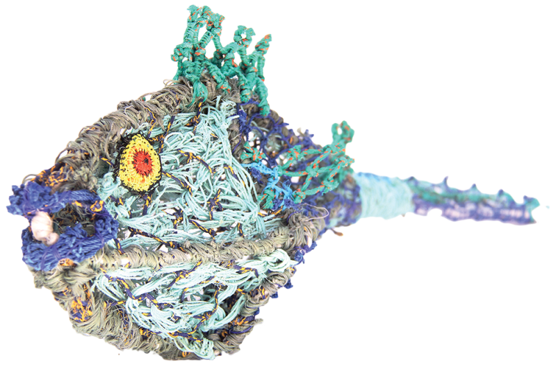 Australian Indigenous (Aboriginal and Torres Strait Islander) artwork by RACHEL EMMA GELA of Erub Erwer Meta. The title is Parrot Fish. [14-78] (Ghost Nets & Twine over Mesh Frame)