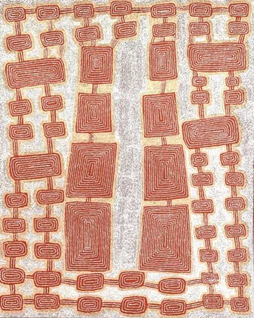 Australian Indigenous (Aboriginal and Torres Strait Islander) artwork by MORRIS GIBSON TJAPALTJARRI of Papunya Tula Artists. The title is Patjantjanya. [MG1010118] (Acrylic on Belgian Linen)