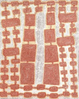 Australian Indigenous (Aboriginal and Torres Strait Islander) artwork by MORRIS GIBSON TJAPALTJARRI of Papunya Tula Artists. The title is Patjantjanya. [MG1010118] (Acrylic on Belgian Linen)