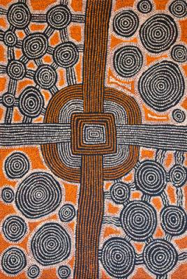 Australian Indigenous (Aboriginal and Torres Strait Islander) artwork by MORRIS GIBSON TJAPALTJARRI of Papunya Tula Artists. The title is Patjantjanya. [MG1005046] (Acrylic on Belgian Linen)