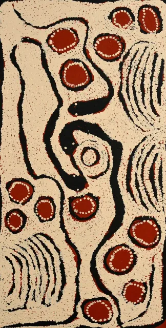 Australian Indigenous (Aboriginal and Torres Strait Islander) artwork by NINGURA NAPURRULA of Papunya Tula Artists. The title is Patjantjanya. [NN1208033] (Acrylic on Belgian Linen)