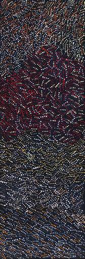 Australian Indigenous (Aboriginal and Torres Strait Islander) artwork by KATHLEEN NAPURRURLA GIBSON of Warlukurlangu Artists (Yuendumu). The title is Patterns of the Lanscape around Nyirripi. [493/13ny] (Acrylic on Belgian Linen)