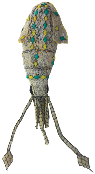 Australian Indigenous (Aboriginal and Torres Strait Islander) artwork by SARAH DAWN GELA of Erub Erwer Meta. The title is Paula Gel. [16-128] (Ghost Nets, Plastic Trellis, Rope & Twine)