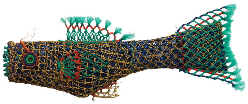 Australian Indigenous (Aboriginal and Torres Strait Islander) artwork by ALMA MARGARET SAILOR of Erub Erwer Meta. The title is Pepe. [15-106] (Ghost Nets & Twine over Mesh Frame)