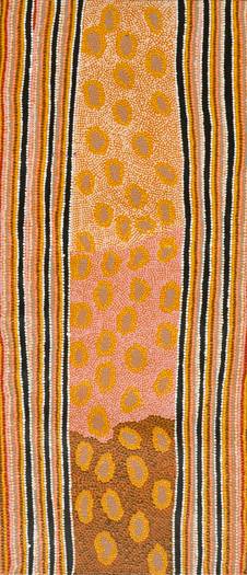 Australian Indigenous (Aboriginal and Torres Strait Islander) artwork by LOLA (LISA) NAMPIJINPA BROWN of Warlukurlangu Artists (Yuendumu). The title is Pikilyi Jukurrpa (Vaughan Springs dreaming). [4237/07] (Acrylic on Belgian Linen)