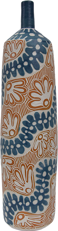 Australian Indigenous (Aboriginal and Torres Strait Islander) artwork by TJIMPUNA WILLIAMS of Ernabella Artists. The title is Piltati. [314C-14] (Stoneware with Sgraffito)