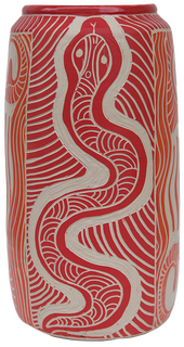 Australian Indigenous (Aboriginal and Torres Strait Islander) artwork by TJIMPUNA WILLIAMS of Ernabella Artists. The title is Piltati. [340C-14] (Stoneware with Sgraffito)