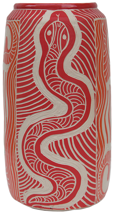 Australian Indigenous (Aboriginal and Torres Strait Islander) artwork by TJIMPUNA WILLIAMS of Ernabella Artists. The title is Piltati. [340C-14] (Stoneware with Sgraffito)