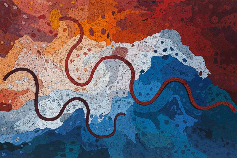 Australian Indigenous (Aboriginal and Torres Strait Islander) artwork by KEITH STEVENS of Tjungu Palya Artists. The title is Piltati. [17-003] (Synthetic Polymer on Linen)