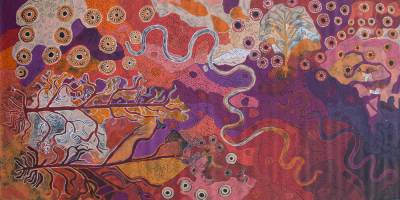 Australian Indigenous (Aboriginal and Torres Strait Islander) artwork by VARIOUS TJUNGU PALYA ARTISTS (COLLABORATIVE) of Tjungu Palya Artists. The title is Piltati, Nyapari Munu Kunamata. [19-008] (Synthetic Polymer on Linen)