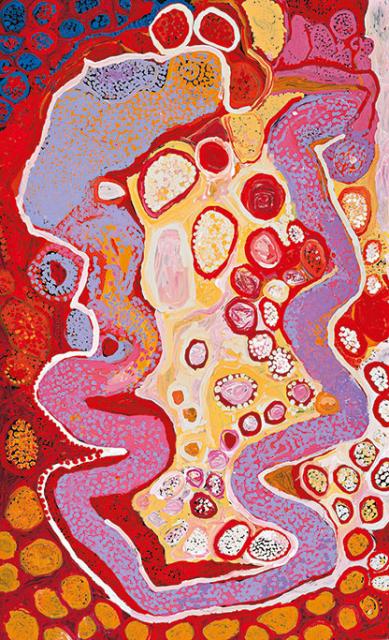 Australian Indigenous (Aboriginal and Torres Strait Islander) artwork by TIGER PALPATJA of Tjungu Palya Artists. The title is Piltati Tjukurpa. [11495] (Synthetic Polymer on Paint on Canvas)