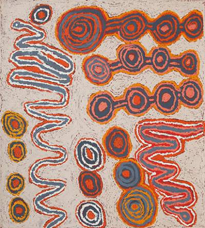 Australian Indigenous (Aboriginal and Torres Strait Islander) artwork by KAWAYI NAMPITJINPA of Papunya Tula Artists. The title is Pinpirrnga (Desert Bore) to Pinari and Watanuma. [KN1211038] (Acrylic on Belgian Linen)