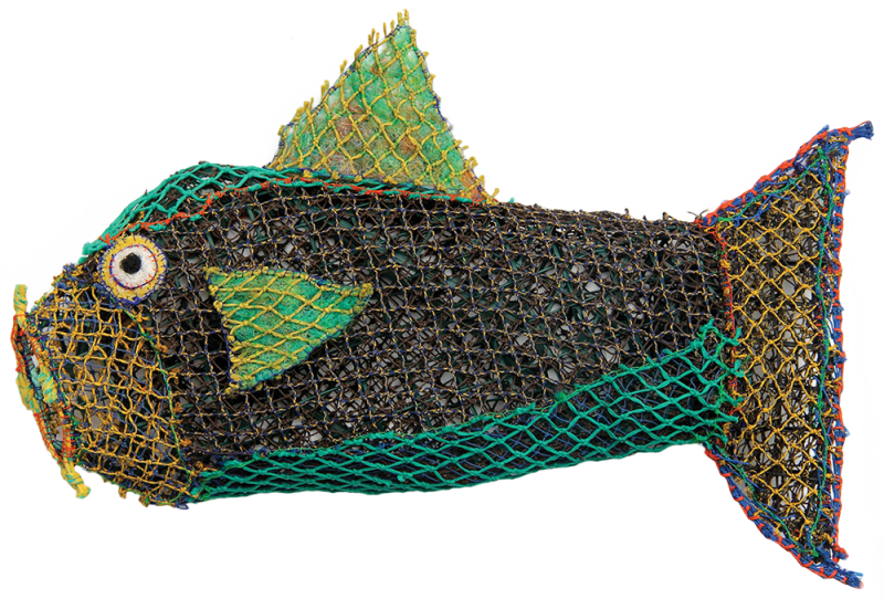 Australian Indigenous (Aboriginal and Torres Strait Islander) artwork by RACHEL EMMA GELA of Erub Erwer Meta. The title is Pompy. [15-101] (Ghost Nets & Twine over Mesh Frame)