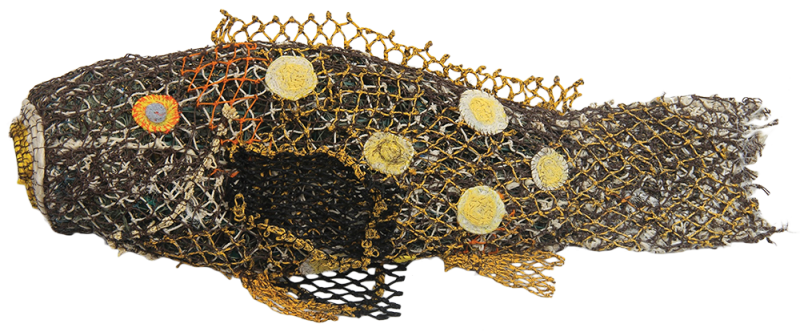 Australian Indigenous (Aboriginal and Torres Strait Islander) artwork by FLORENCE GUTCHEN of Erub Erwer Meta. The title is Pothi the Flowery Cod. [15-108] (Ghost Nets & Twine over Mesh Frame)