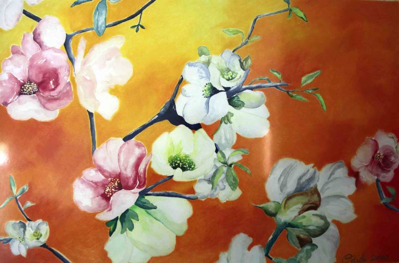 Australian Indigenous (Aboriginal and Torres Strait Islander) artwork by ODILE REGNIER of Miscellaneous Artists. The title is Prunus flowers. [IMG_1864] (Water colour and pastel on paper)