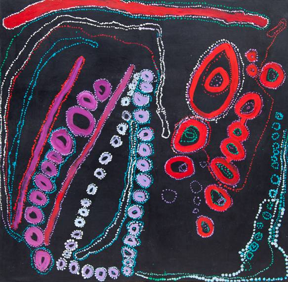 Australian Indigenous (Aboriginal and Torres Strait Islander) artwork by LAWRENCE PENNINGTON of Spinifex Artists. The title is Pukara. [18-29] (Acrylic on Linen)