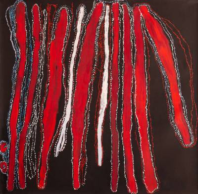 Australian Indigenous (Aboriginal and Torres Strait Islander) artwork by LAWRENCE PENNINGTON of Spinifex Artists. The title is Pukara. [19-337] (Acrylic on Linen)