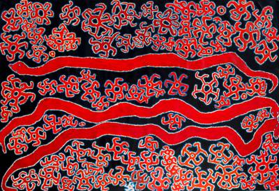 Australian Indigenous (Aboriginal and Torres Strait Islander) artwork by ROY UNDERWOOD of Spinifex Artists. The title is Pukara. [17-176] (Acrylic on Linen)