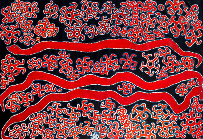 Australian Indigenous (Aboriginal and Torres Strait Islander) artwork by ROY UNDERWOOD of Spinifex Artists. The title is Pukara. [17-176] (Acrylic on Linen)