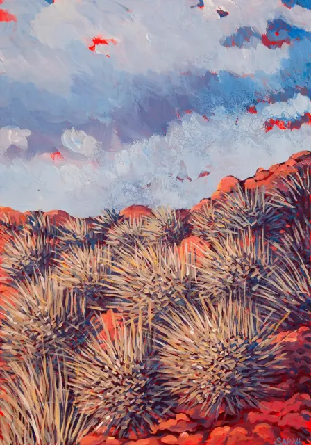 Australian Indigenous (Aboriginal and Torres Strait Islander) artwork by SARAH BROWN of Miscellaneous Artists. The title is Pukatja Spinifex. [SB201610041] (Acrylic on Gesso Board)