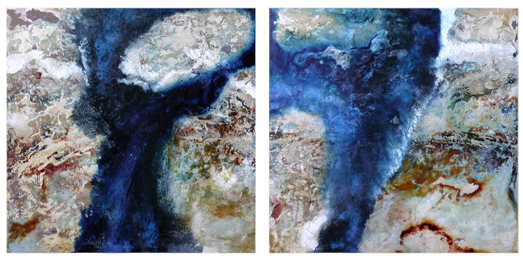 Australian Indigenous (Aboriginal and Torres Strait Islander) artwork by DAVID KELLY of Miscellaneous Artists. The title is Pulau Tiga 1 & 2. [DK1304001a-b] (Oil & Acrylic on Board)