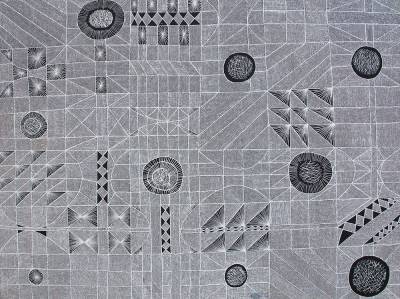 Australian Indigenous (Aboriginal and Torres Strait Islander) artwork by NATALIE PUANTULURA of Munupi Artists. The title is Pupuni Jilamara. [16-318] (Ochre on Linen)