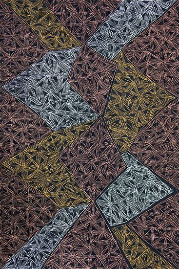 Australian Indigenous (Aboriginal and Torres Strait Islander) artwork by MARIA JOSETTE ORSTO of Munupi Artists. The title is Pupuni Jilamara. [16-205] (Ochre on Linen)
