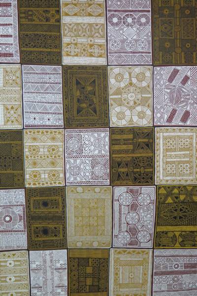 Australian Indigenous (Aboriginal and Torres Strait Islander) artwork by MARIE SIMPLICIA TIPUAMANTUMIRRI of Munupi Artists. The title is Pupuni Jilamara. [16-116] (Ochre on Canvas)