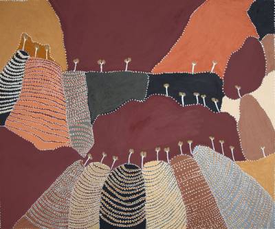 Australian Indigenous (Aboriginal and Torres Strait Islander) artwork by PATRICK MUNG MUNG of Warmun Artists. The title is Purnululu. [WAC355/11] (Natural Ochre and Pigments on Canvas)