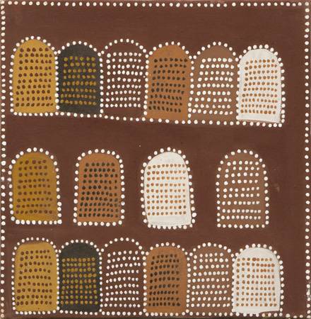 Australian Indigenous (Aboriginal and Torres Strait Islander) artwork by JANE YALUNGA of Warmun Artists. The title is Purnululu. [WAC 129/07] (Natural Ochre and Pigments on Canvas)