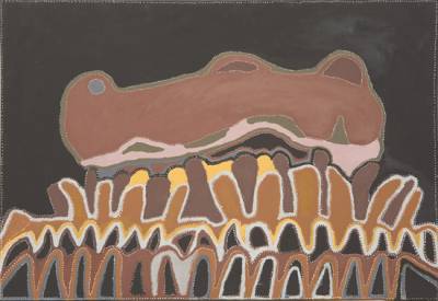 Australian Indigenous (Aboriginal and Torres Strait Islander) artwork by PATRICK MUNG MUNG of Warmun Artists. The title is Purnululu Country (Bungle Bungles). [WAC051/98] (Natural Ochre and Pigments on Canvas)