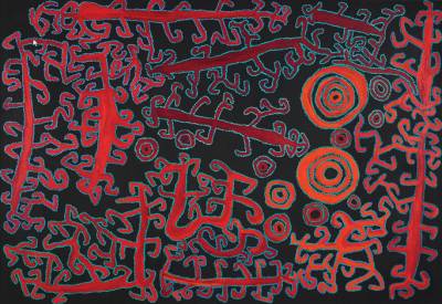 Australian Indigenous (Aboriginal and Torres Strait Islander) artwork by NED GRANT of Spinifex Artists. The title is Puutunya. [19-38] (Acrylic on Linen)