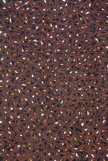 Australian Indigenous (Aboriginal and Torres Strait Islander) artwork by MARIA JOSETTE ORSTO of Munupi Artists. The title is Pwoja Jilamara. [16-446] (Ochre on Linen)