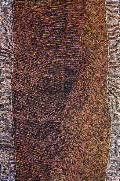 Australian Indigenous (Aboriginal and Torres Strait Islander) artwork by CORNELIA TIPUAMANTUMIRRI of Munupi Artists. The title is Pwoja Jilamara. [16-461] (Ochre on Linen)