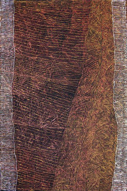 Australian Indigenous (Aboriginal and Torres Strait Islander) artwork by CORNELIA TIPUAMANTUMIRRI of Munupi Artists. The title is Pwoja Jilamara. [16-461] (Ochre on Linen)