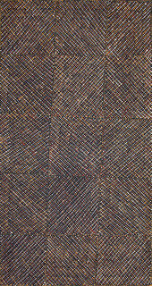 Australian Indigenous (Aboriginal and Torres Strait Islander) artwork by DIANE TIPUNGWUTI of Munupi Artists. The title is Pwoja Jilamara. [16-525] (Ochre on Linen)