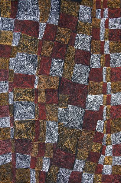 Australian Indigenous (Aboriginal and Torres Strait Islander) artwork by CORNELIA TIPUAMANTUMIRRI of Munupi Artists. The title is Pwoja Jilamara. [16-609] (Ochre on Linen)
