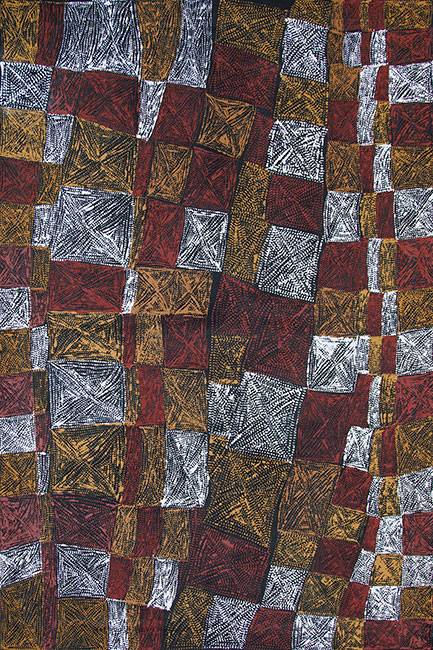 Australian Indigenous (Aboriginal and Torres Strait Islander) artwork by CORNELIA TIPUAMANTUMIRRI of Munupi Artists. The title is Pwoja Jilamara. [16-609] (Ochre on Linen)