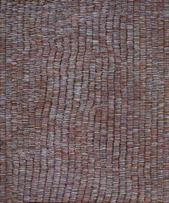 Australian Indigenous (Aboriginal and Torres Strait Islander) artwork by ALISON PURUNTATAMERI of Munupi Artists. The title is Pwoja Jilamara. [21-89] (Ochre on Linen)