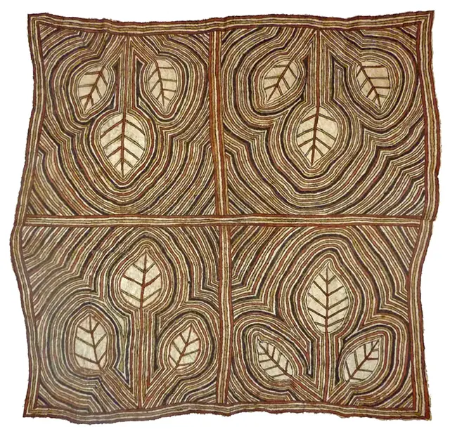 Australian Indigenous (Aboriginal and Torres Strait Islander) artwork by LILA WARRIMOU (MISASO) of Omie Artists. The title is Roronöhanö’e - Dahorurajé Clan Design of the Leaf. [OM10-012] (Natural Pigments On Nioge (Woman’s Barkcloth Skirt))