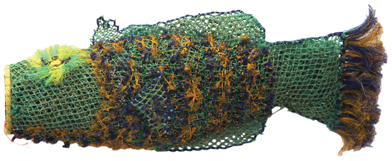 Australian Indigenous (Aboriginal and Torres Strait Islander) artwork by ALMA MARGARET SAILOR of Erub Erwer Meta. The title is Racy. [15-99] (Ghost Nets & Twine over Mesh Frame)