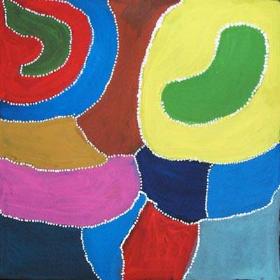 Australian Indigenous (Aboriginal and Torres Strait Islander) artwork by CARMEL CHISHOLM of Tangentyere Artists. The title is Rainbow Clouds. [TACC08C2905] (Acrylic on Canvas)