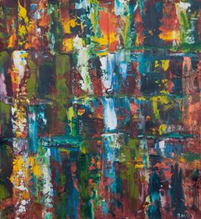 Australian Indigenous (Aboriginal and Torres Strait Islander) artwork by IRENE NAMOK of Lockhart River Artists. The title is Rainforest Midday View. [in20130824] (Acrylic on Canvas)