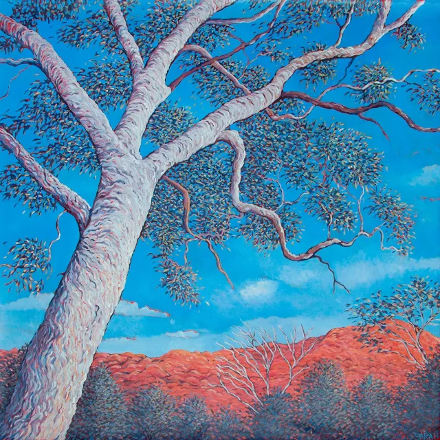 Australian Indigenous (Aboriginal and Torres Strait Islander) artwork by SARAH BROWN of Miscellaneous Artists. The title is Reaching out at Trephina Gorge. [SB201610001] (Acrylic on Belgian Linen)