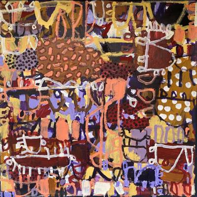 Australian Indigenous (Aboriginal and Torres Strait Islander) artwork by NAOMI HOBSON of Miscellaneous Artists. The title is Red Sun. [NH202111001] (Acrylic on Linen)